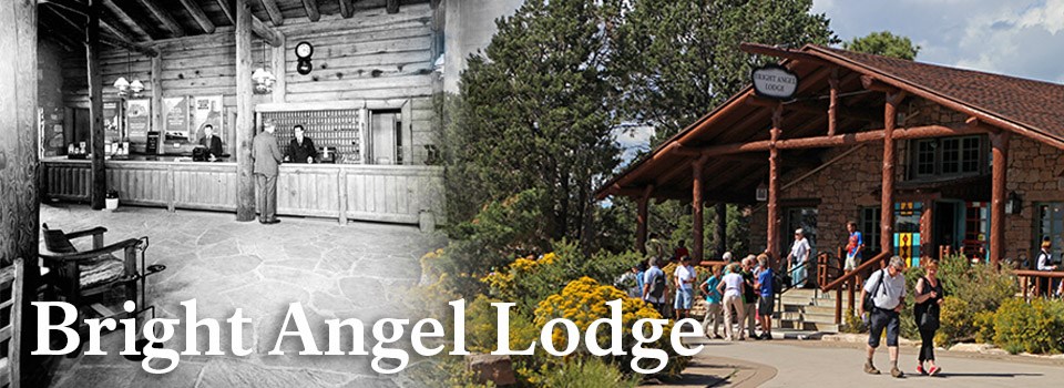 A historic image of Bright Angel Lodge on the left and a modern image of Bright Angel Lodge on the right.