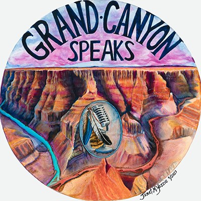 Two rivers meet deep in a canyon. A microphone with feathers under the words "Grand Canyon Speaks".