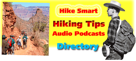 Hike Smart Podcast Directory Button. Left - hiking group on Bright Angel Trail. Right - 1950's hiker.