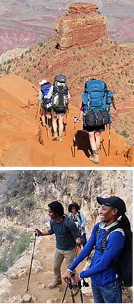 Two photos of hiker groups on the trail in Grand Canyon.