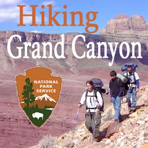 Logo for Hiking Grand Canyon Podcast. Background shows 3 hikers on a steep trail with Grand Canyon beyond. Words, "Hiking Grand Canyon," and NPS arrowhead is superimposed.