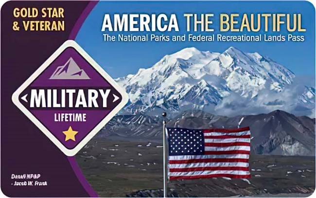 America the Beautiful 2023 Annual Military pass shows an American Flag flying in front of a snow covered mountain peak; the words "military lifetime" are displayed within a purple diamond on the left.