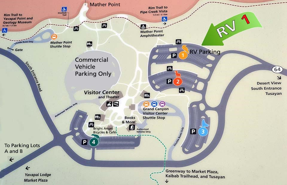 Map showing the four parking lots surrounding the Grand Canyon Visitor Center Plaza in relation to Mather Point and the Canyon Rim Trail