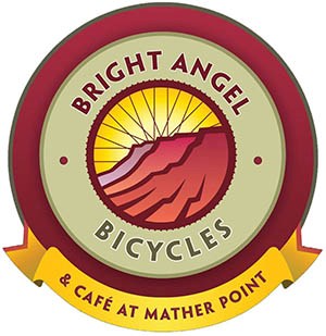 Bright Angel Bicycle Logo shows silhouettes of canyon cliffs within a circle of bicycle wheel spokes.