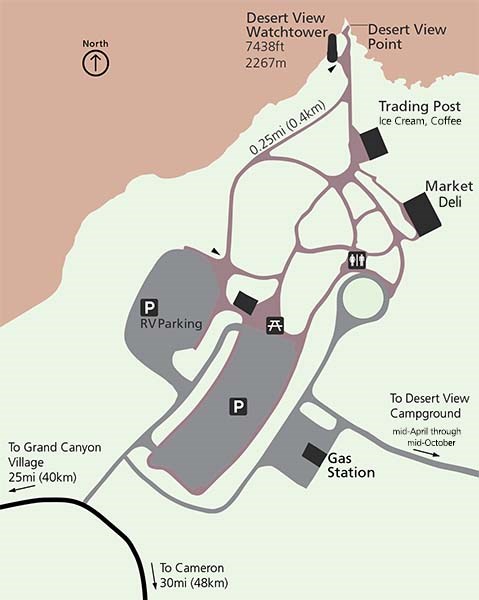 Map of Desert View settlement showing parking lots and buildings.