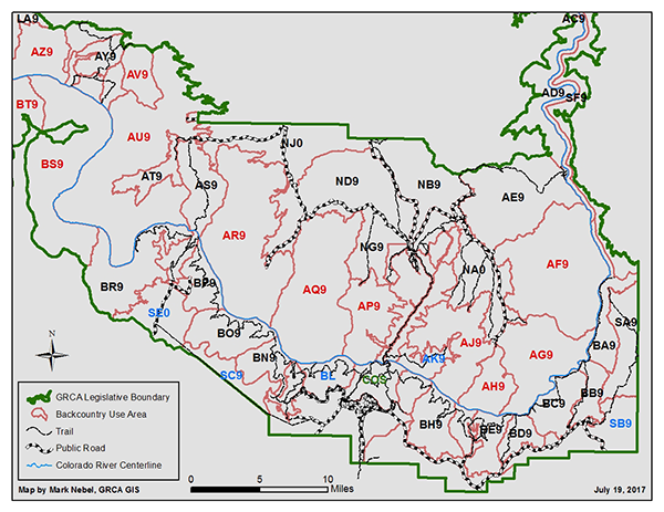 map of Grand Canyon backcountry use areas, see link below for a poster-size topographic use area map