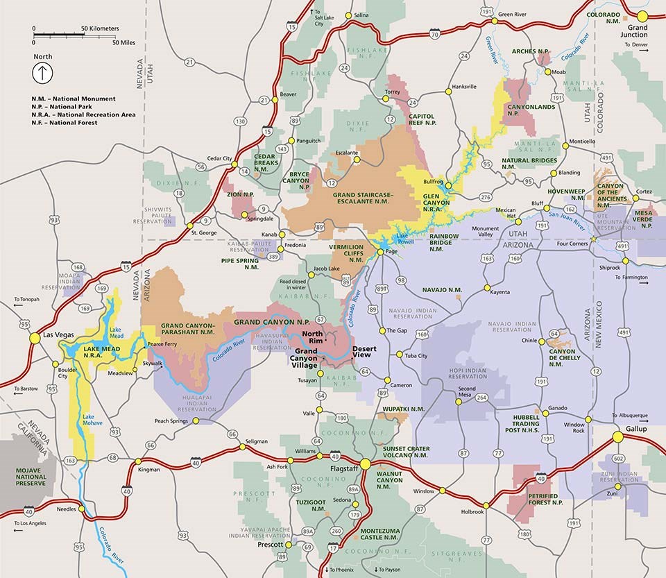 Grand Canyon Area Map: Shows major highways and public lands.
