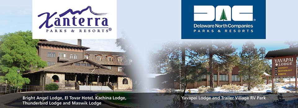 On the left: El Tovar Hotel and Xanterra logo, on the right Yavapai Lodge with Delaware North logo