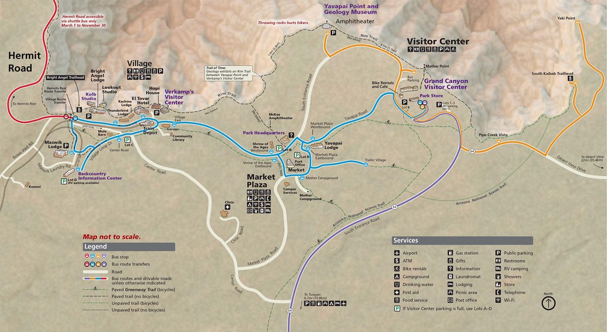 Map showing South Rim Grand Canyon Village and Vicinity showing four shuttle bus routes that are in service during summer 2022.