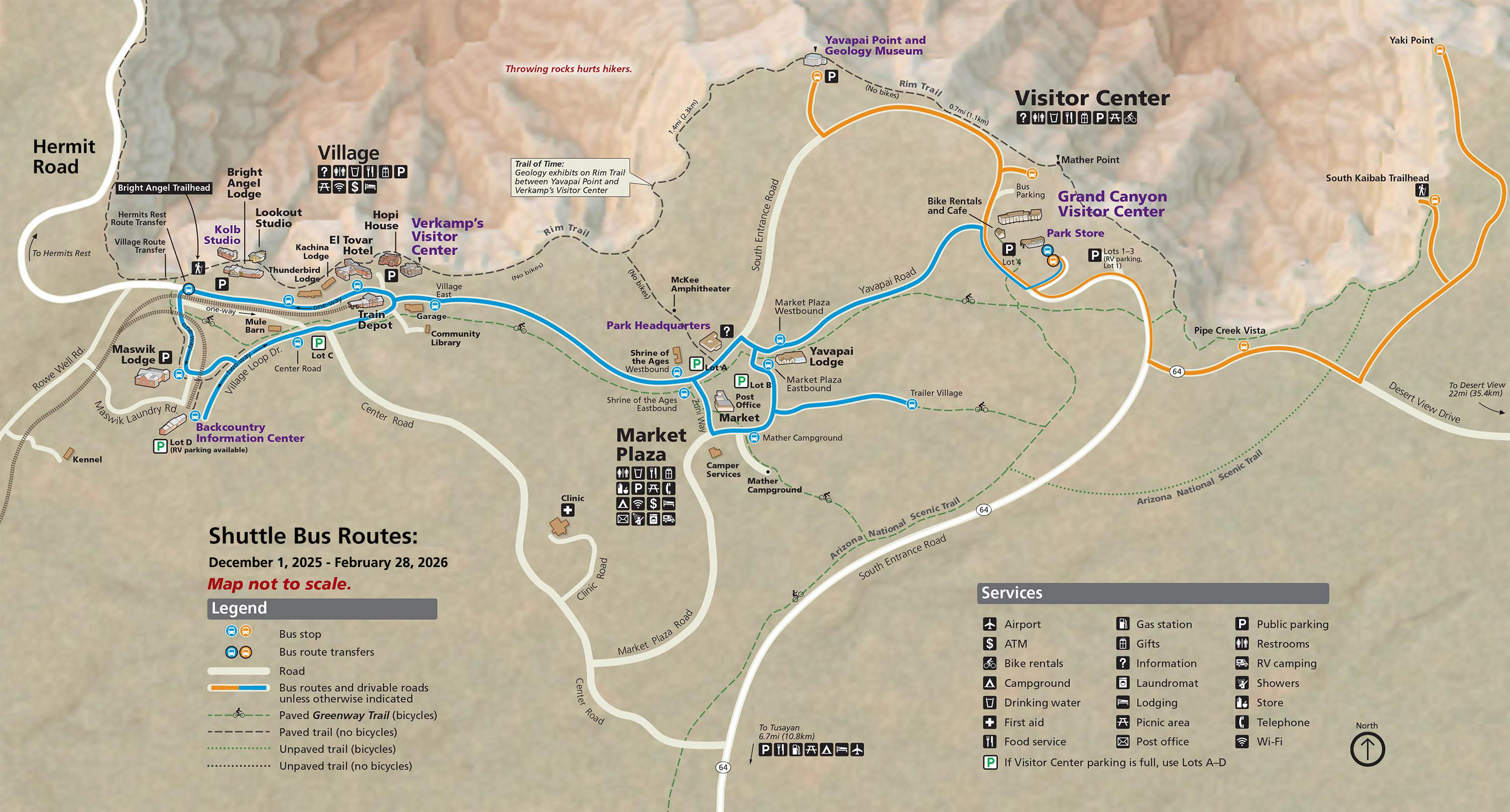 Map showing South Rim Grand Canyon Village and Vicinity showing three shuttle bus routes that are in service during the spring. The 4 routes are indicated by blue, orange purple and red lines.