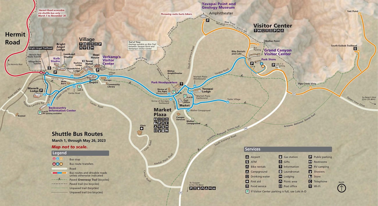 Map showing South Rim Grand Canyon Village and Vicinity showing three shuttle bus routes that are in service during fall 2022.