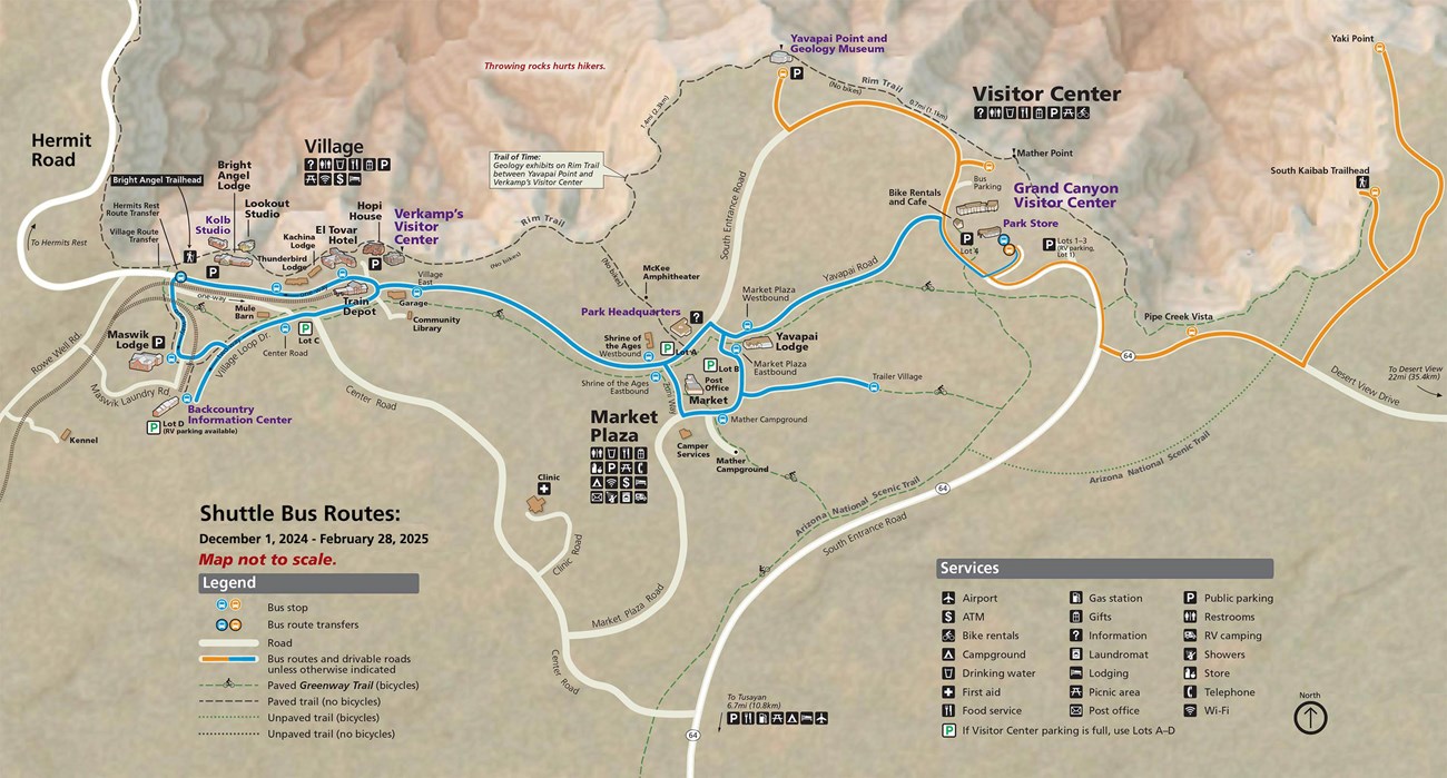 Map showing South Rim Grand Canyon Village and Vicinity showing two shuttle bus routes that are in service during the winter.