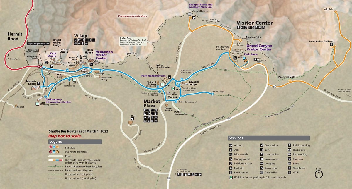 Map showing South Rim Grand Canyon Village and Vicinity showing three shuttle bus routes that are in service during spring 2022.