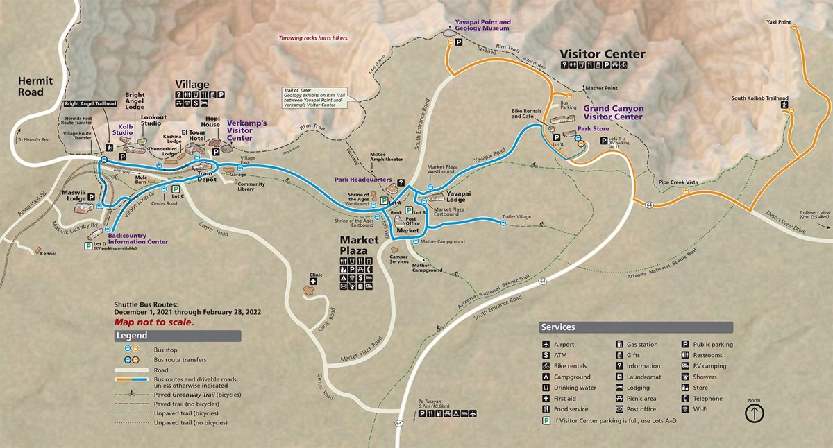Map showing South Rim Grand Canyon Village and Vicinity showing two shuttle bus routes that are in service during winter 2021-22