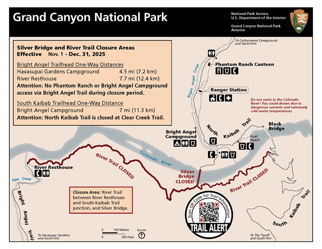 Map of inner canyon; River Trail and Silver Bridge are colored red denoting they are closed.  Inset boxes include hiking distances on Bright Angel Trail, and again note that the River Trail and Silver Bridge remain closed.
