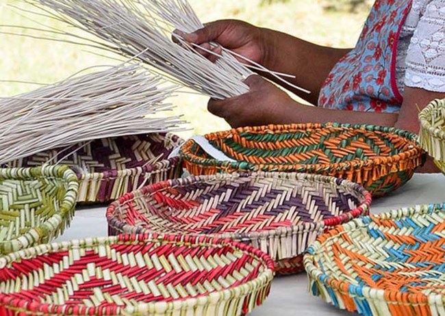 A woman's hands are seen weaving a basket with strands of brush; in the foreground an assortment of baskets displaying different color patterns.