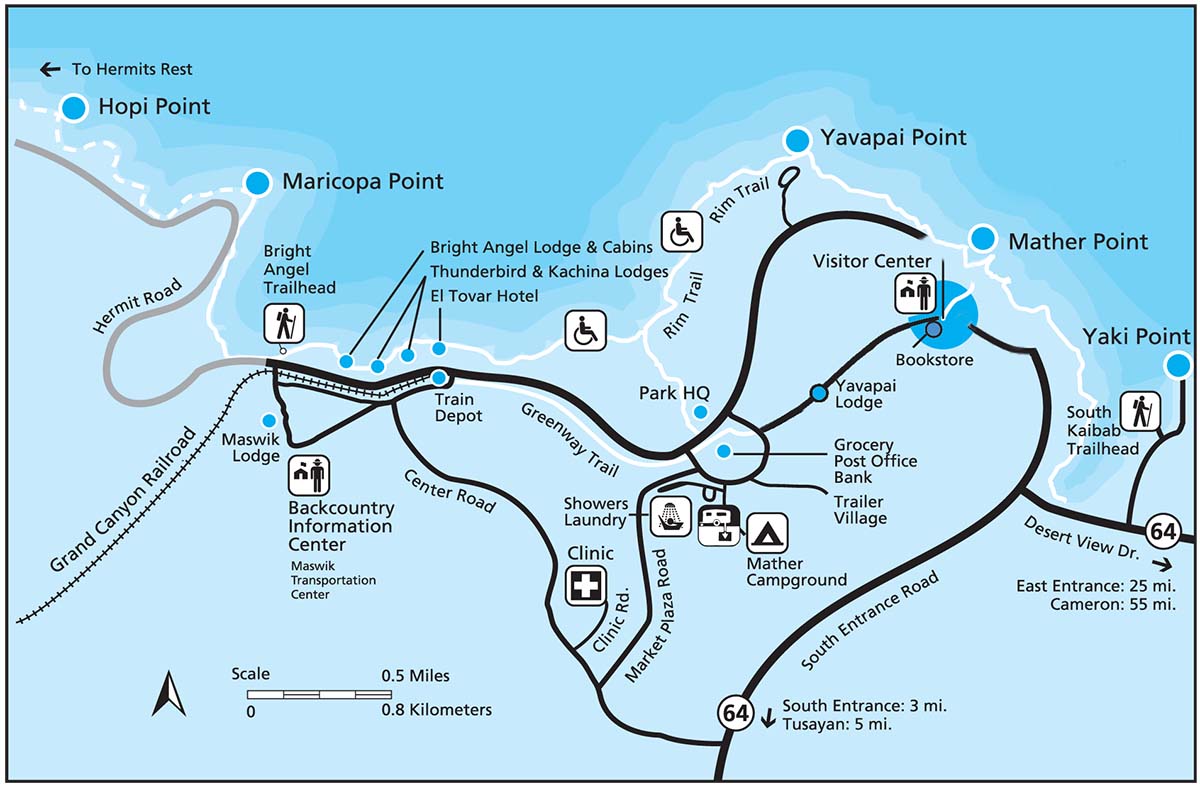 Map of Grand Canyon Village showing the clinic in relation to the historic district, the campgrounds and Visitor Center.
