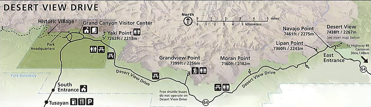 a map showing the Grand Canyon Village Area on the left, with the 23 mile Desert View Drive drawn from left to right and ending at the Desert View settlement on the right.