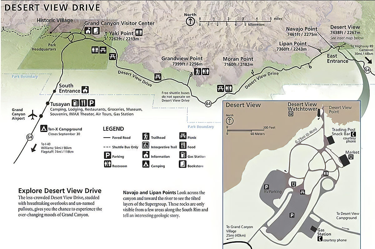Map of Desert View Drive on the S.Rim of Grand Canyon National Park. an overview is shown at the top, showing the entire length of the drive. On the right, an insert of the Desert View developed area. Additional text is on this page.