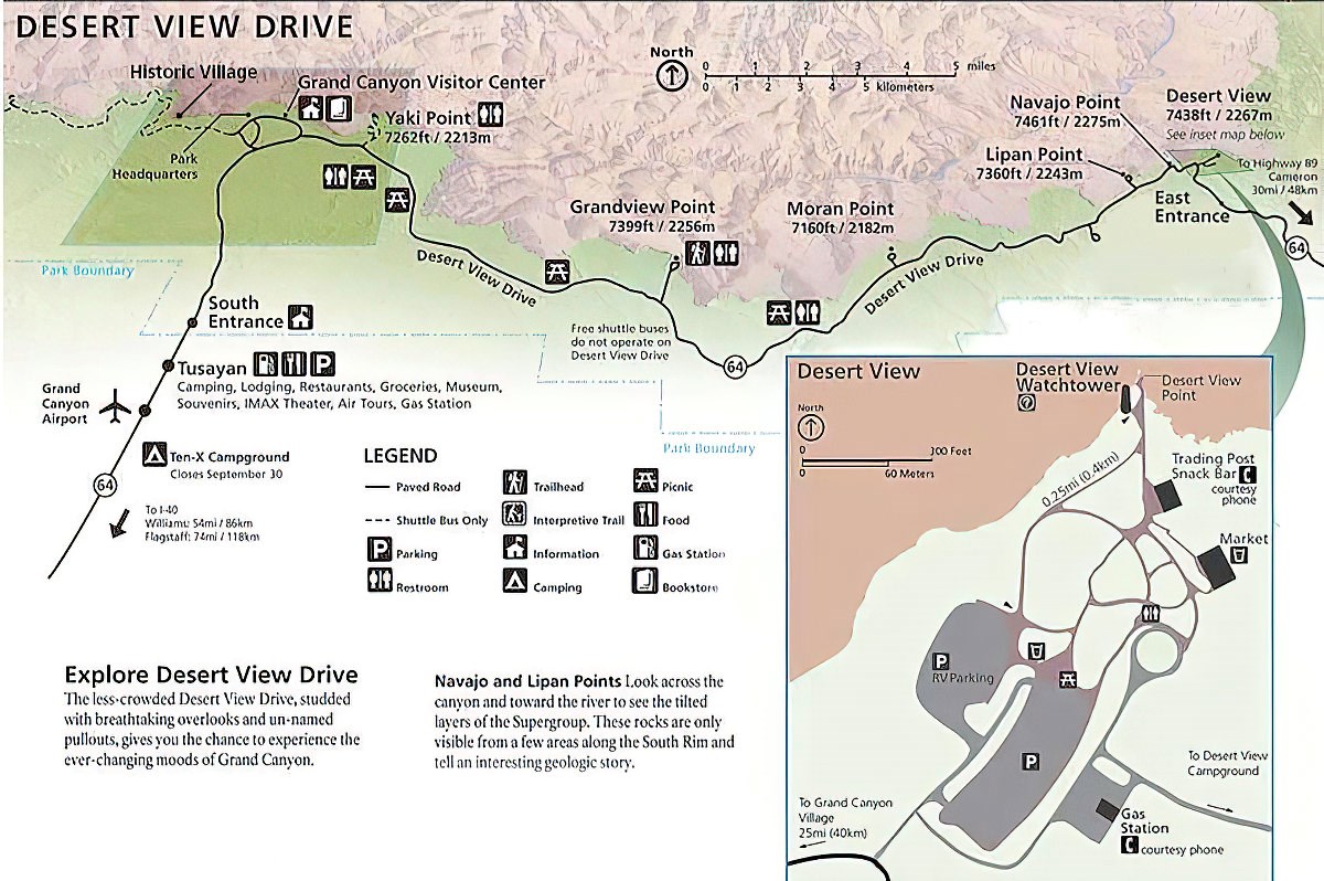 Map of Desert View Drive on the S.Rim of Grand Canyon National Park. an overview is shown at the top, showing the entire length of the drive. On the right, an insert of the Desert View developed area. Additional text is on this page.