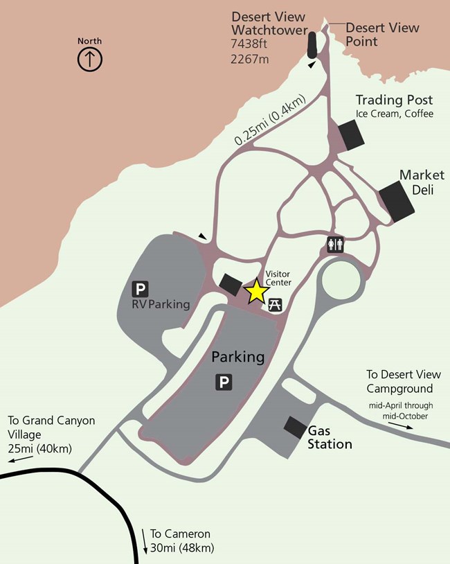 Map showing parking lots, footpaths, buildings, and the watchtower in relation to the canyon rim." title="Map showing parking lots, footpaths, buildings, and the watchtower in relation to the canyon rim.