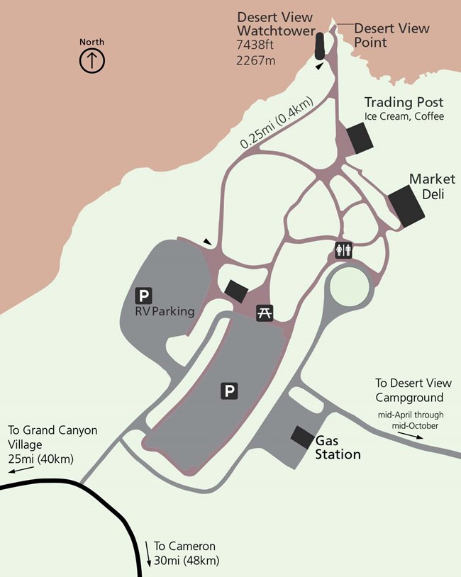 Map showing parking lots, footpaths, buildings, and the watchtower in relation to the canyon rim." title="Map showing parking lots, footpaths, buildings, and the watchtower in relation to the canyon rim.