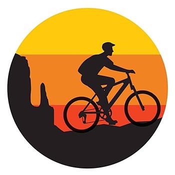 a stylized graphic of a bicycle rider during sunset with cliffs in the background