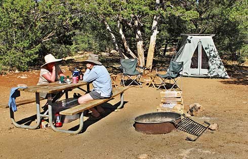 two people sitting at table in Mather Campground. Tent in background