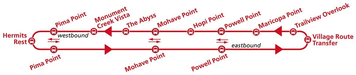 Hermit Road Route (red) shuttle bus loop map