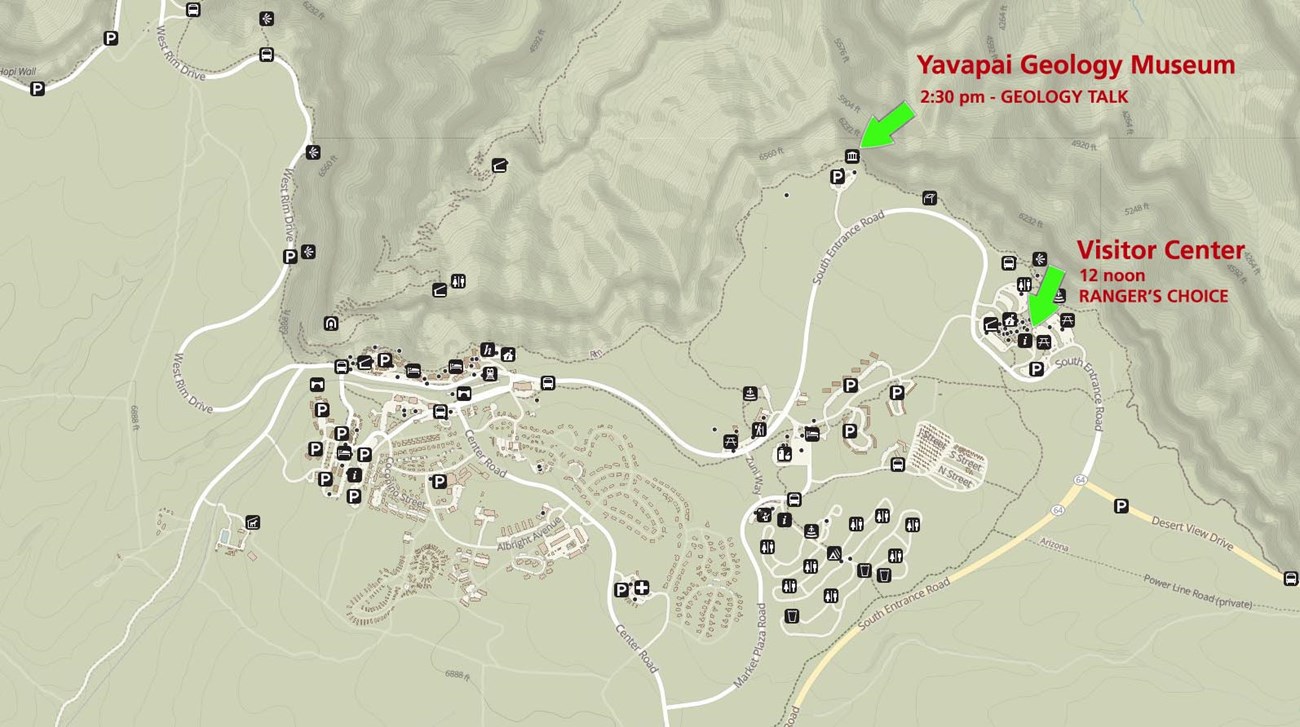 A South Rim Village and vicinity map that shows the locations of the two park ranger program locations, Yavapai Geology Museum and the Visitor Center. Additional descriptions are in the calendar listings below.