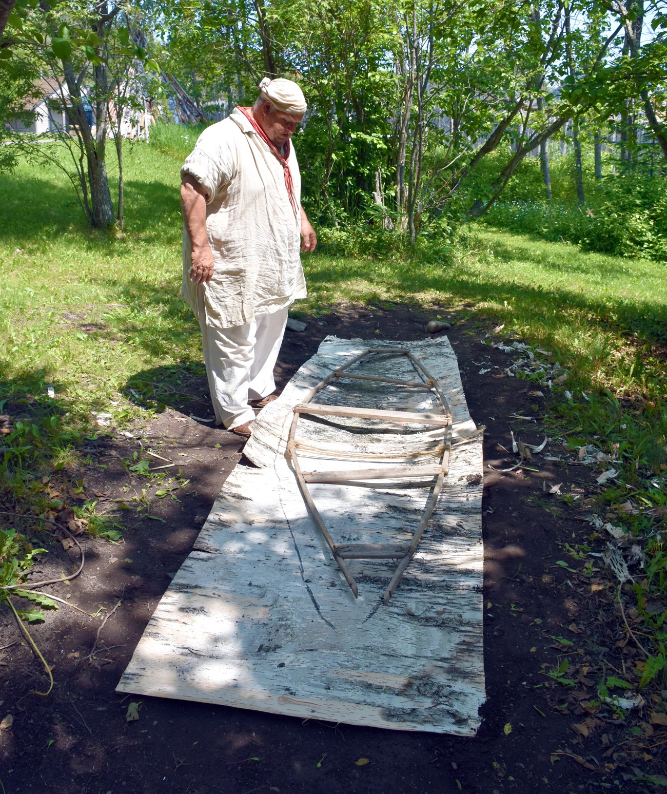 A reenactor stands next to a sheet of birch bark lying on the ground with a canoe-shaped form resting on top.