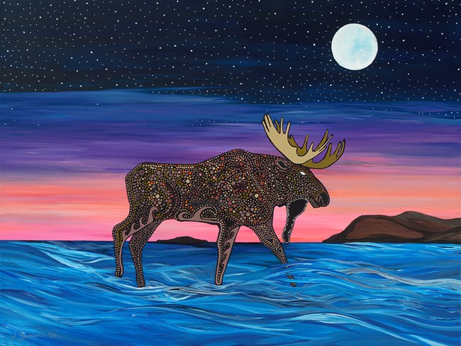 A painting of a styllized moose with pink and blue sky.