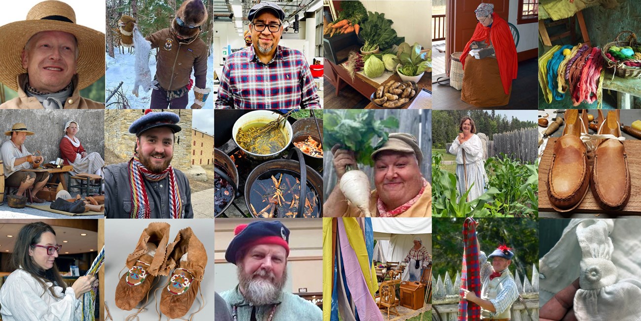 Composite photo of 18 squares showing scenes of fur trade reenacting.