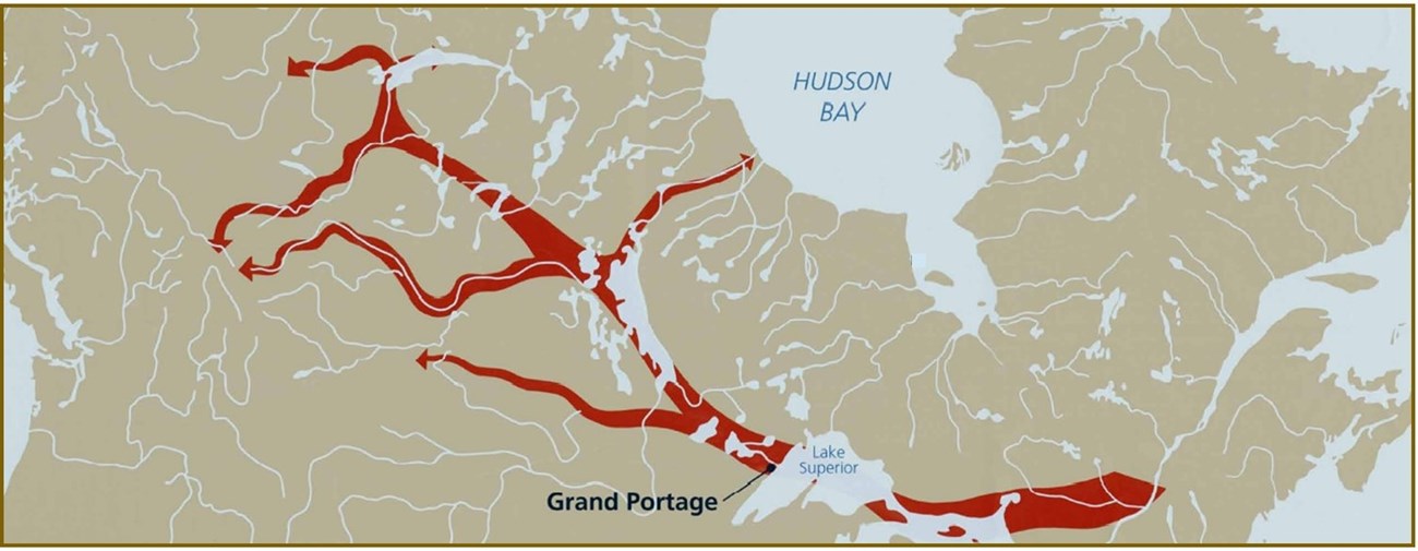 Part of the North American continent with red arrows showing fur trade routes.
