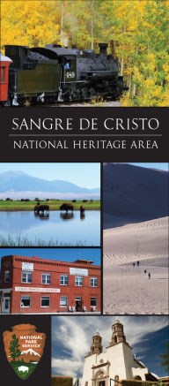 Collage of photos of Sangre de Cristo National Heritage Area, including a train, bison, dunes, historic building, church, and NPS arrowhead