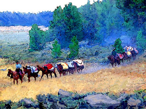 Painting of a mule train carrying colorful blankets