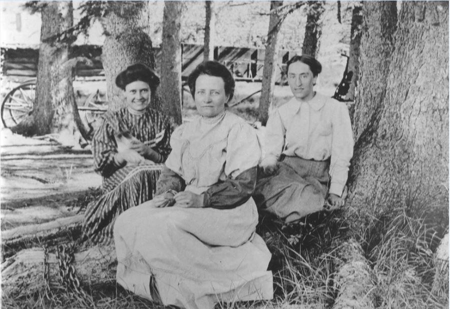 Three women sit under a tree. All look towards the camera and pose.