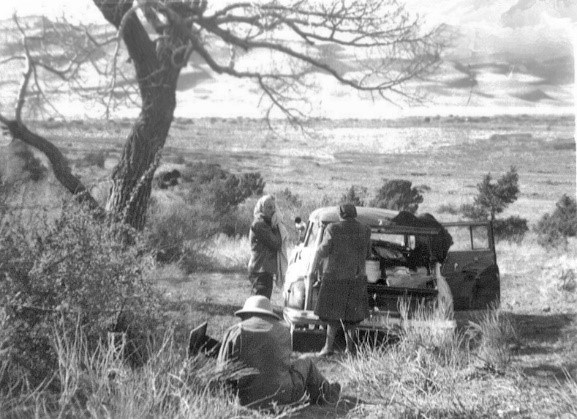 Visitors picnic at Great Sand Dunes. Circa 1950.