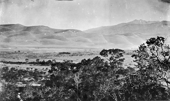 Historic 1873 photo of Great Sand Dunes with forest and a man in the foreground