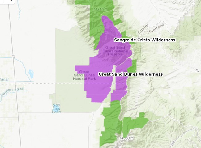 Map showing areas in magenta indicated designated wilderness within Great Sand Dunes NPP