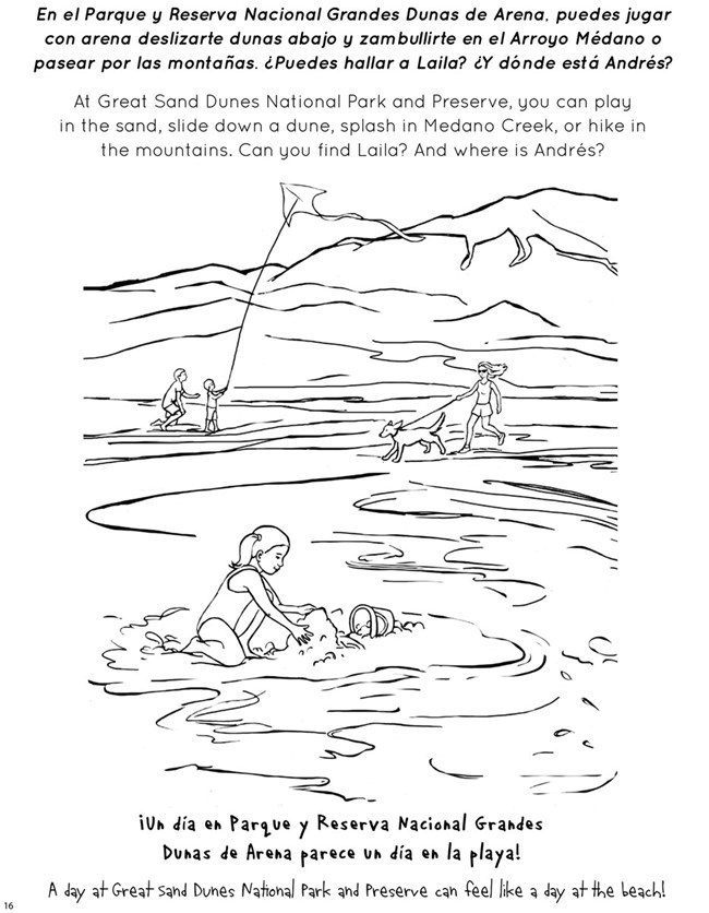Coloring page showing girl in Medano Creek and boy flying kite