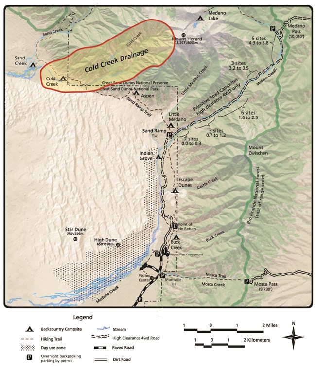 Cold Creek Drainage Location map, with the are depiocted in red and yellow highting, The drainage is on the west slop of Mount Herrand and extends into Sand Creek along the north side of the dunefield
