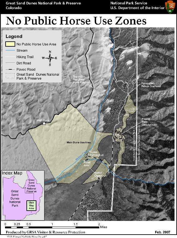 Map of main area of park and preserve with area of dunes day use aree, visitor center, campground and trails system south of Point of No Return in park indicating no public horse use zone.