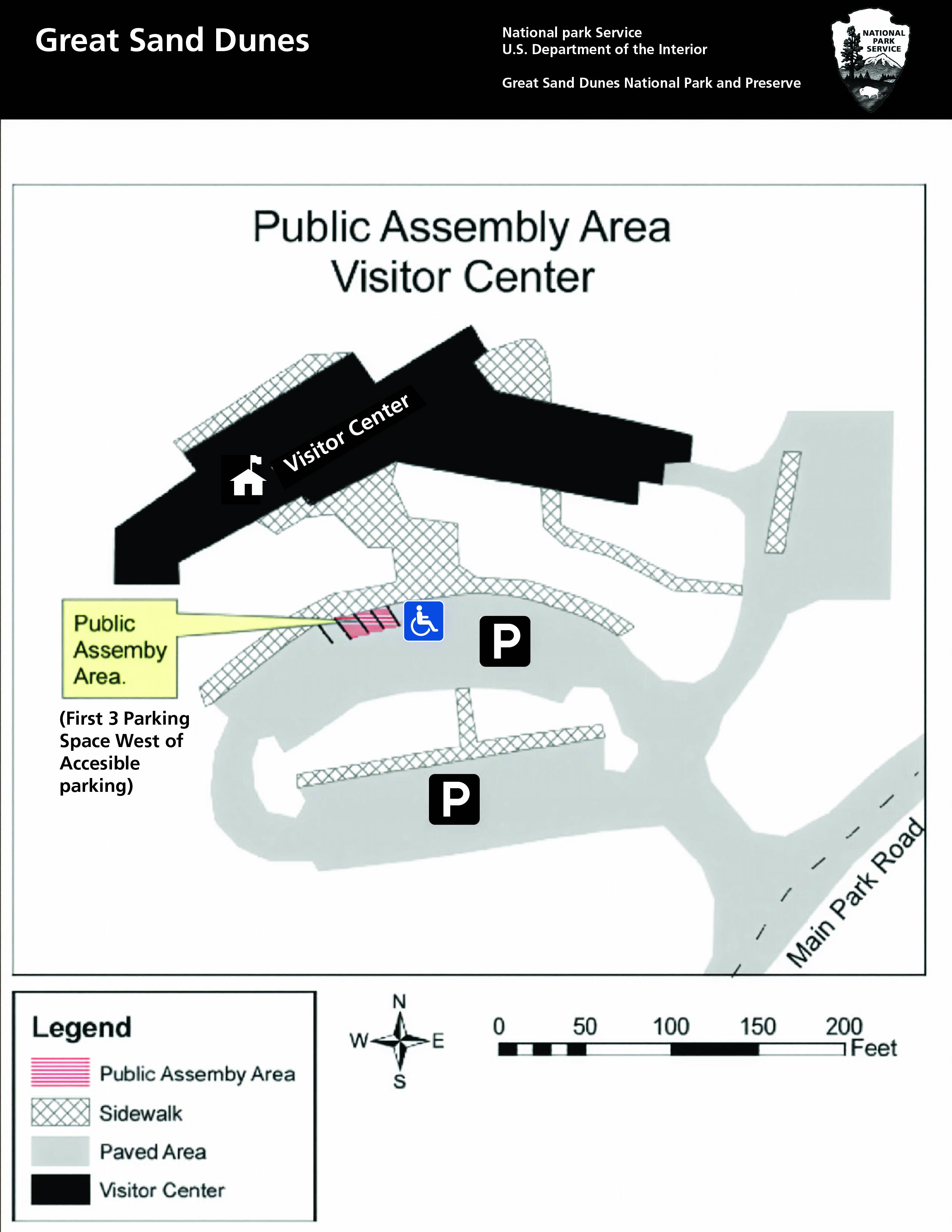 Public Assembly Area map with call out box showing three parking spaces west of the main entrance walkway as the Public Assembly Area