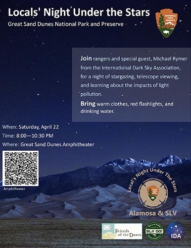 This poster features a photo of the dunes and mountains under a starry sky, with the information listed in the caption.