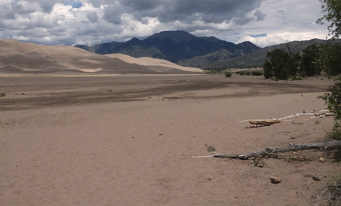 A dry sandy creek bed with dunes and a mountain