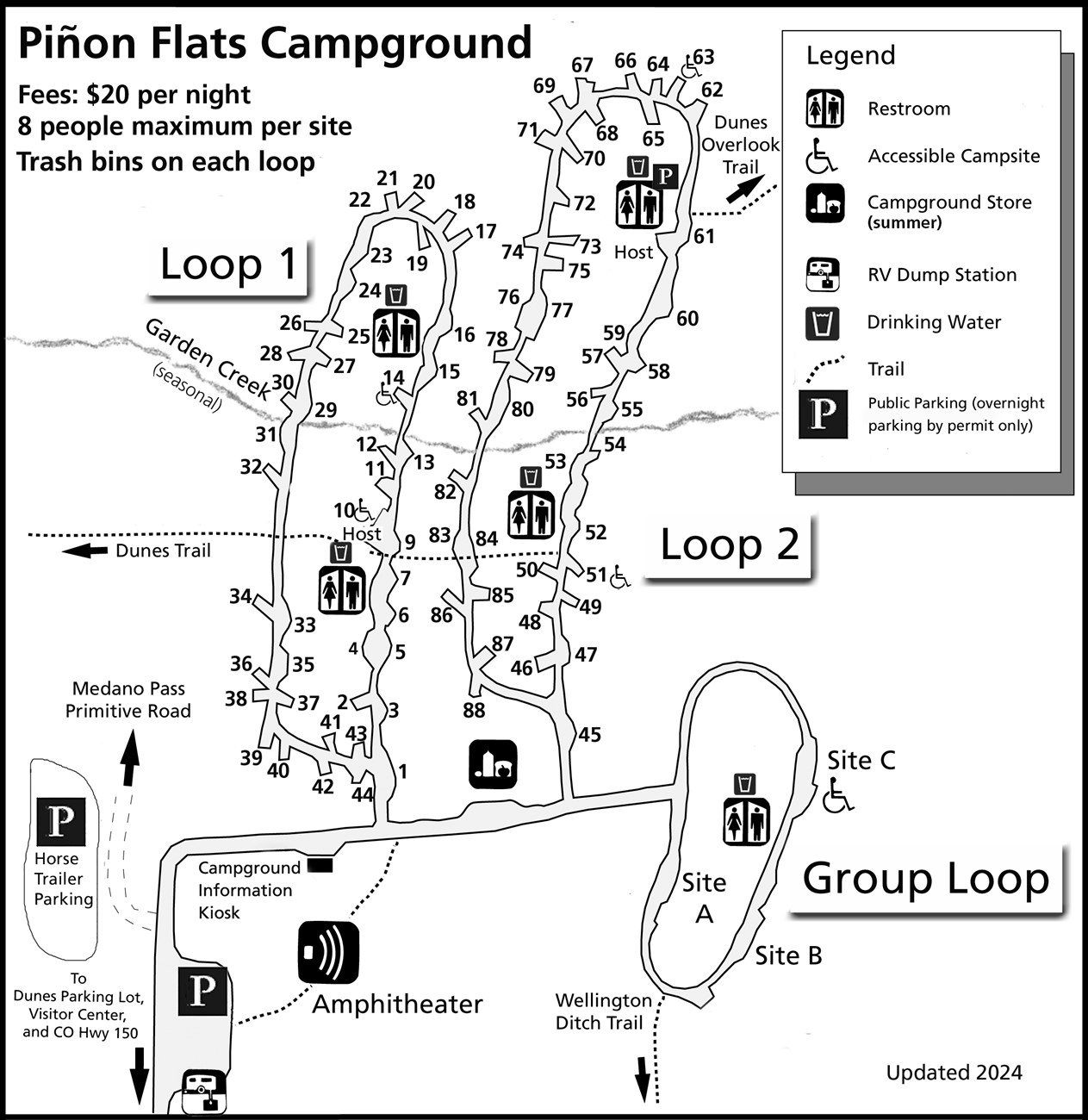 A black and white map of Pinon Flats Campground