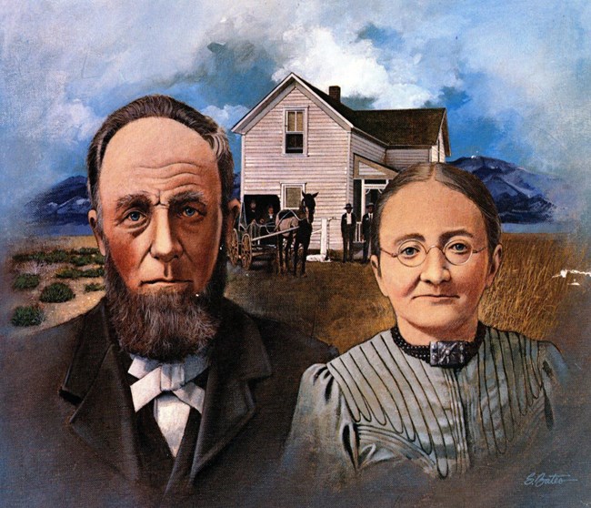 A painting of an older Dutch settler couple in traditional dress, with a homestead in the background