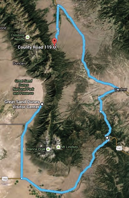 Map showing the driving route from the visitor center to Music Pass Trailhead