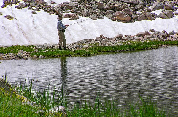 A man fishes in an alpine lake with green grass, rocks and snow